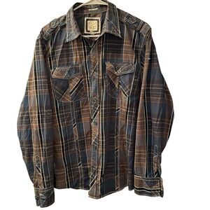 BKE Plaid Button Up Shirt Men's Size Large Slim Fit Blue/Brown Hiking Cabincore